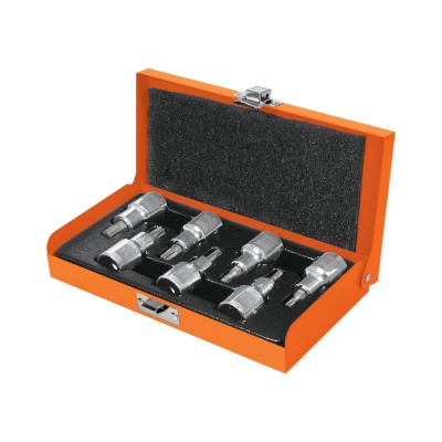 Juego de 7 dados cuadro 1/2  punta torx, estuche metálico