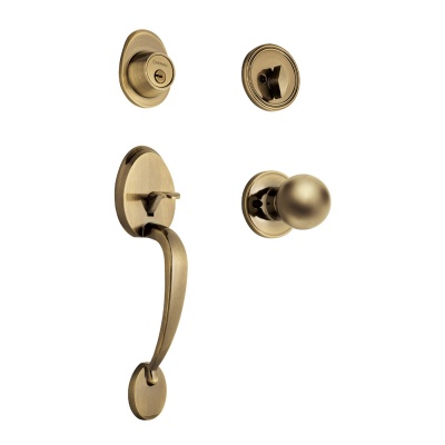 Jaladera, perilla y cerrojo llave-mariposa, latón antiguo